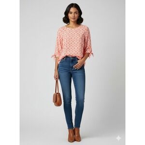 Escapada Living Women's Coral White Print 3/4‎ Sleeve Blouse Size M Rayon Resort